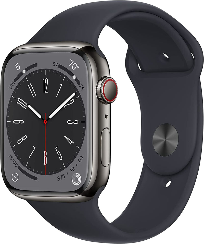 Apple Watch Series 8 45mm Smart Watch w/ Graphite Stainless Steel Case w/ Midnight Sport Band-S/M