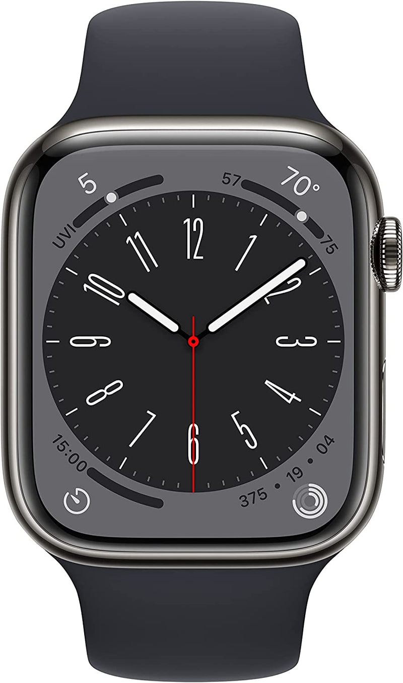 Apple Watch Series 8 45mm Smart Watch w/ Graphite Stainless Steel Case w/ Midnight Sport Band-S/M